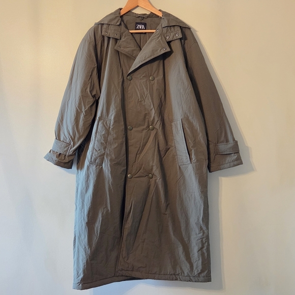 Zara Women's Double Breasted Long Waterproof Hoodie Jacket Coat Green Sz M - Picture 10 of 16